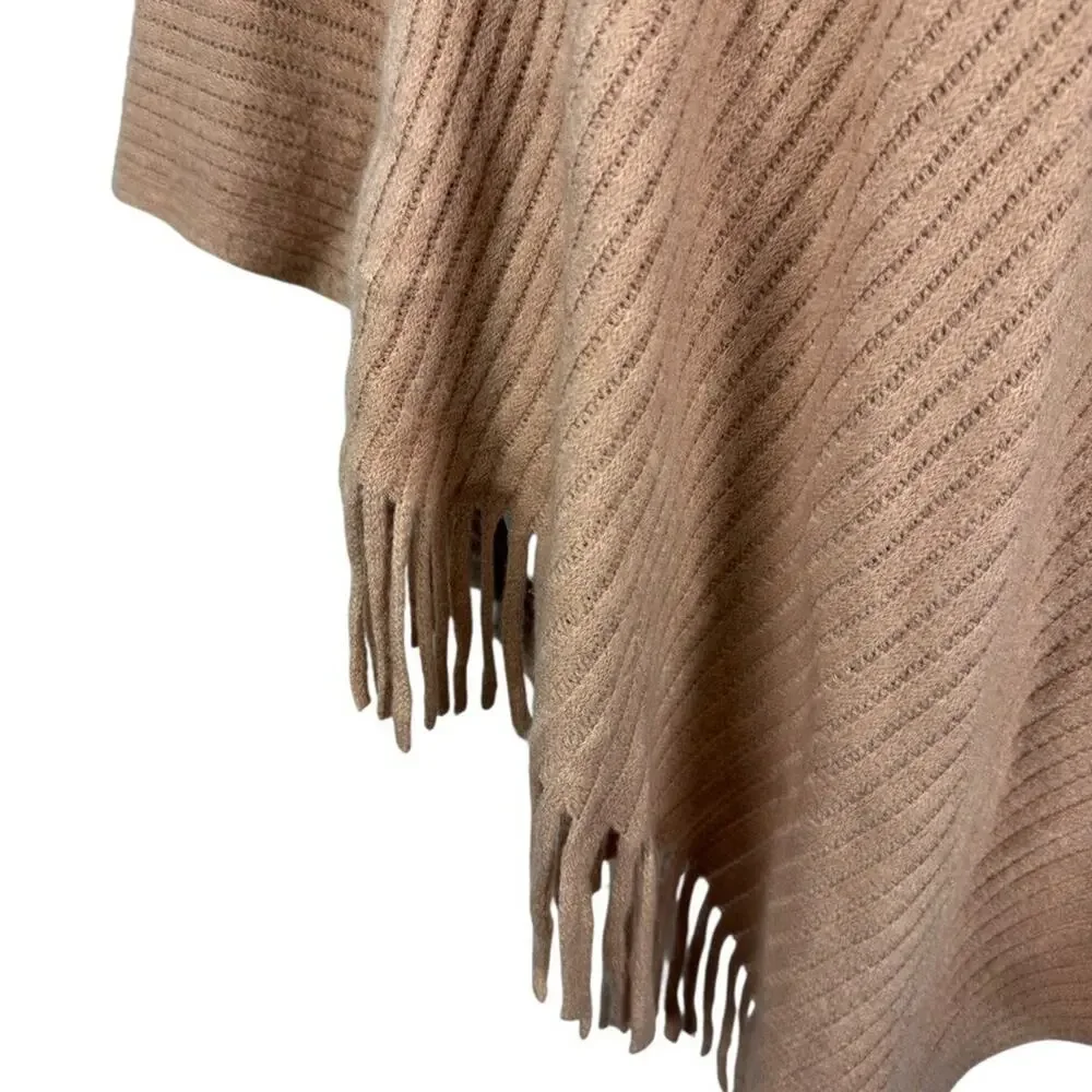 Chicos Ribbed Asymmetrical Fringe Cowl Neck Poncho Pullover Sweater sz O / S
